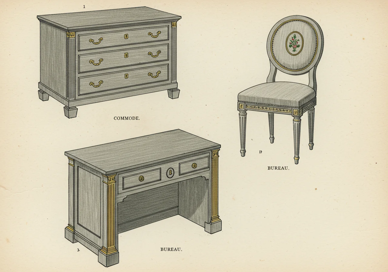 A page from a Swedish cabinet-maker's pattern book of the 1780s — engraved plates of Gustavian commodes, side tables, and chairs in the Louis XVI register translated to the Swedish painted-pine idiom