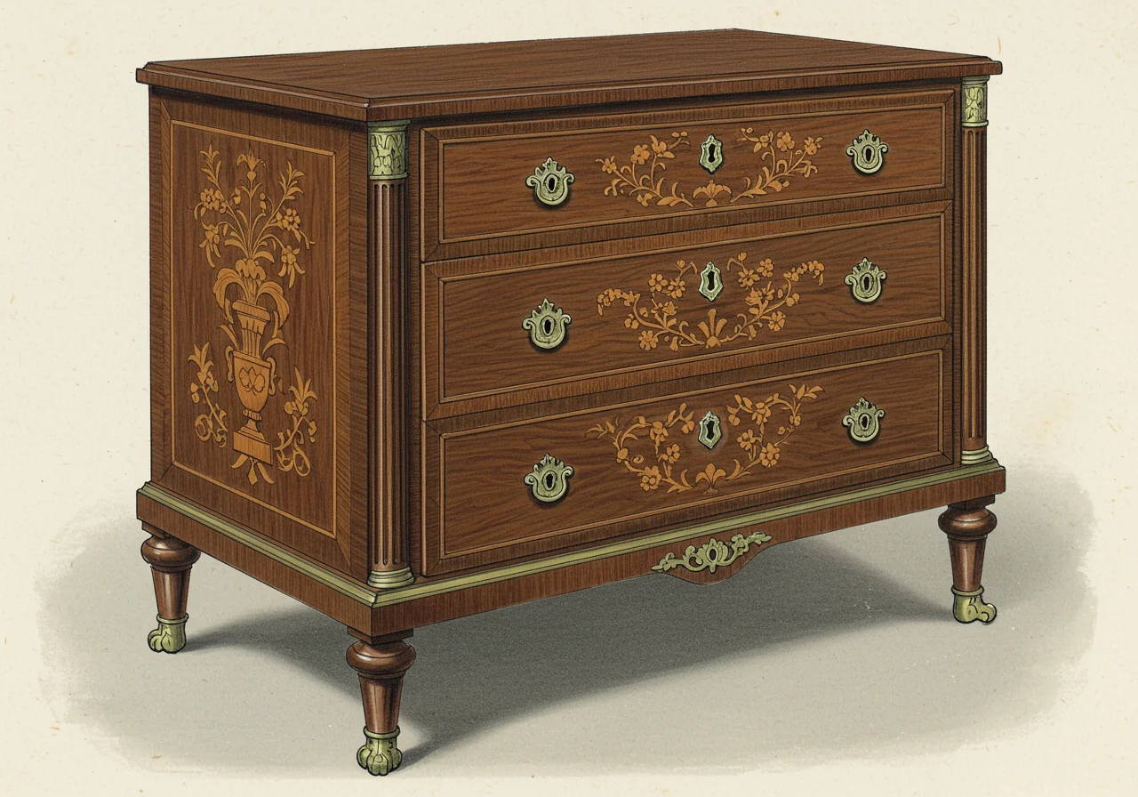 A Dutch neoclassical commode — marquetry-veneered walnut with neoclassical inlay; the Northern Continental bourgeois neoclassical sibling that worked the same impulse in marquetry rather than painted finish