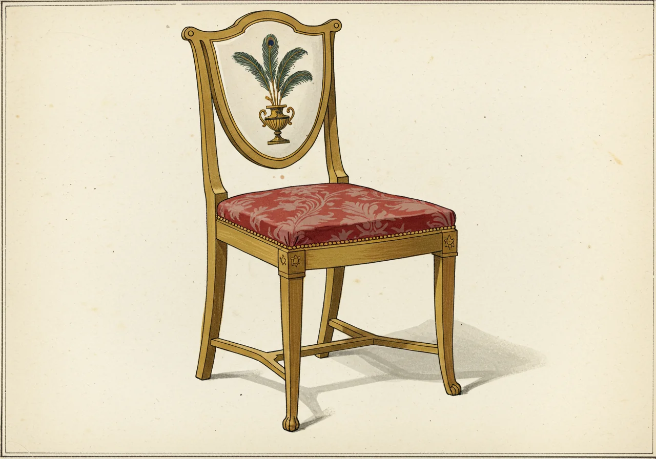 A Hepplewhite English chair — pale satinwood, shield-back form, painted-and-inlaid neoclassical decoration; the contemporary English translation of the same neoclassical impulse