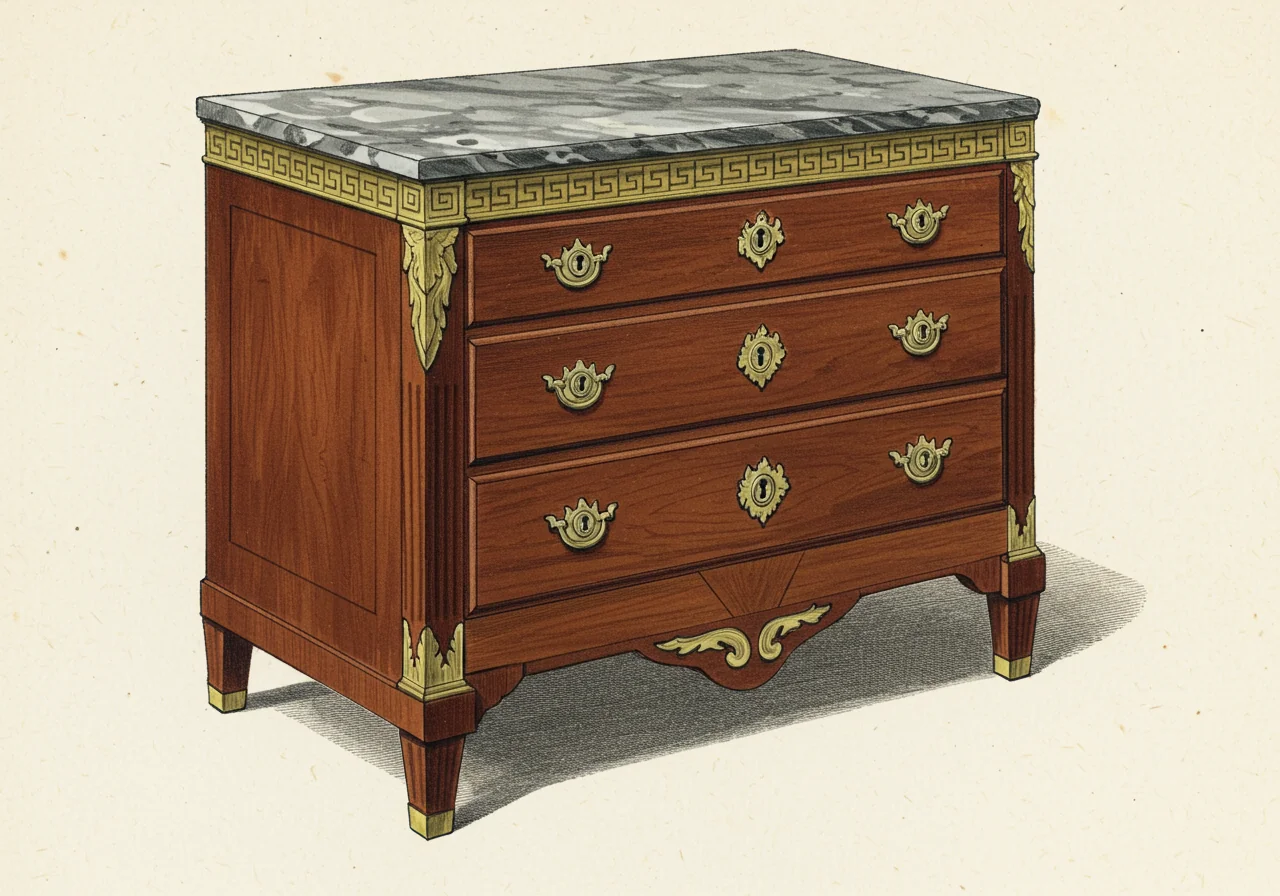 A Louis XVI French commode — rectilinear case, fluted columnar legs, mahogany veneer with cast gilt-bronze ormolu mounts; the French royal source the Gustavian translated into painted pine