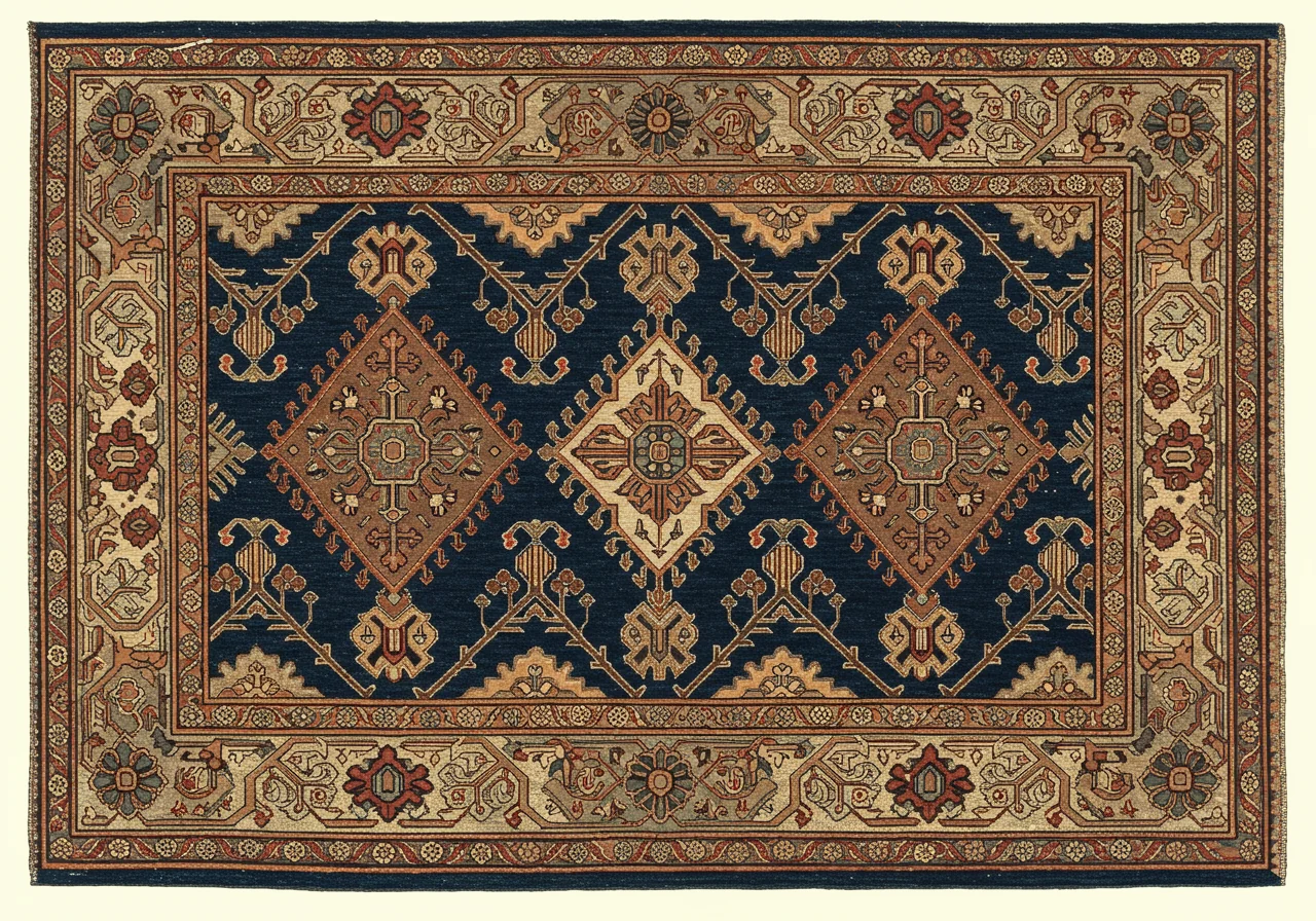 A close detail of a Hamadan main border — repeating boteh or rosette in earth-tone vocabulary