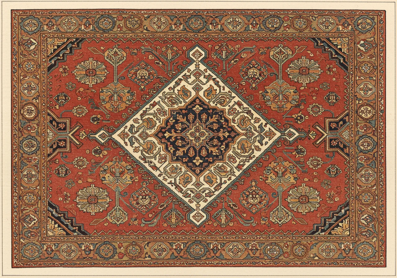 A close detail of a Hamadan single-medallion — village-loom rust / camel ground
