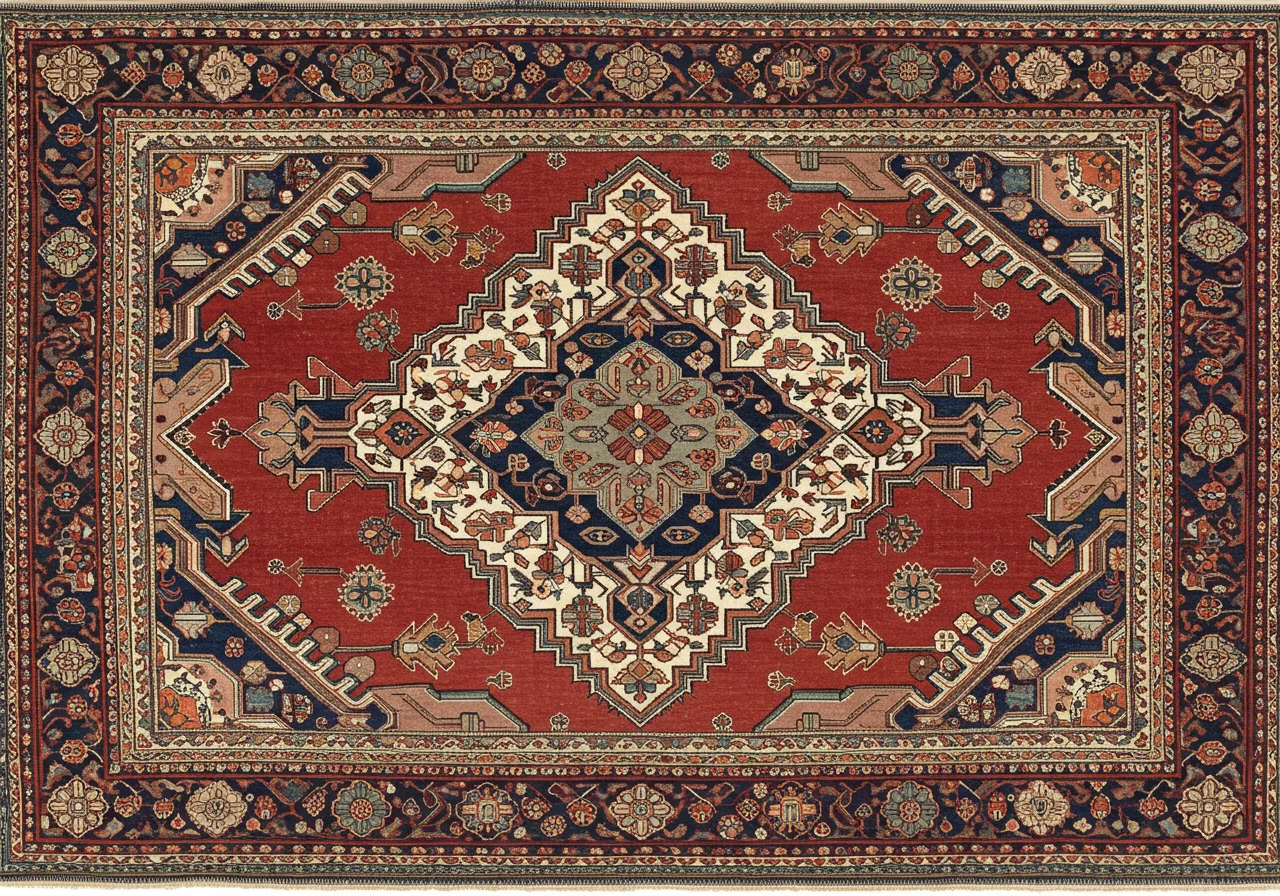 A commercial Heriz rug — northwestern Persian district to the north, brick-red, larger medallion than Hamadan