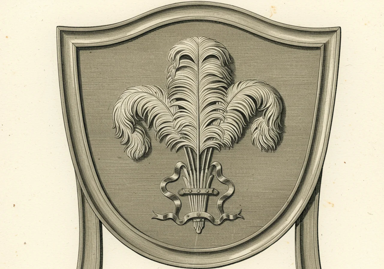 A close detail of a Hepplewhite shield-back chair splat — Prince-of-Wales feathers or neoclassical urn carved or inlaid
