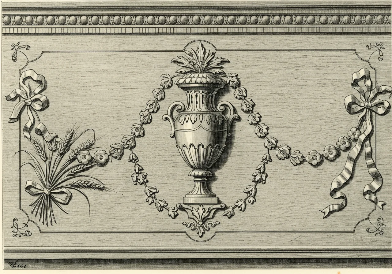 A close detail of Hepplewhite satinwood inlay — neoclassical urn or paterae in stained-and-shaded marquetry