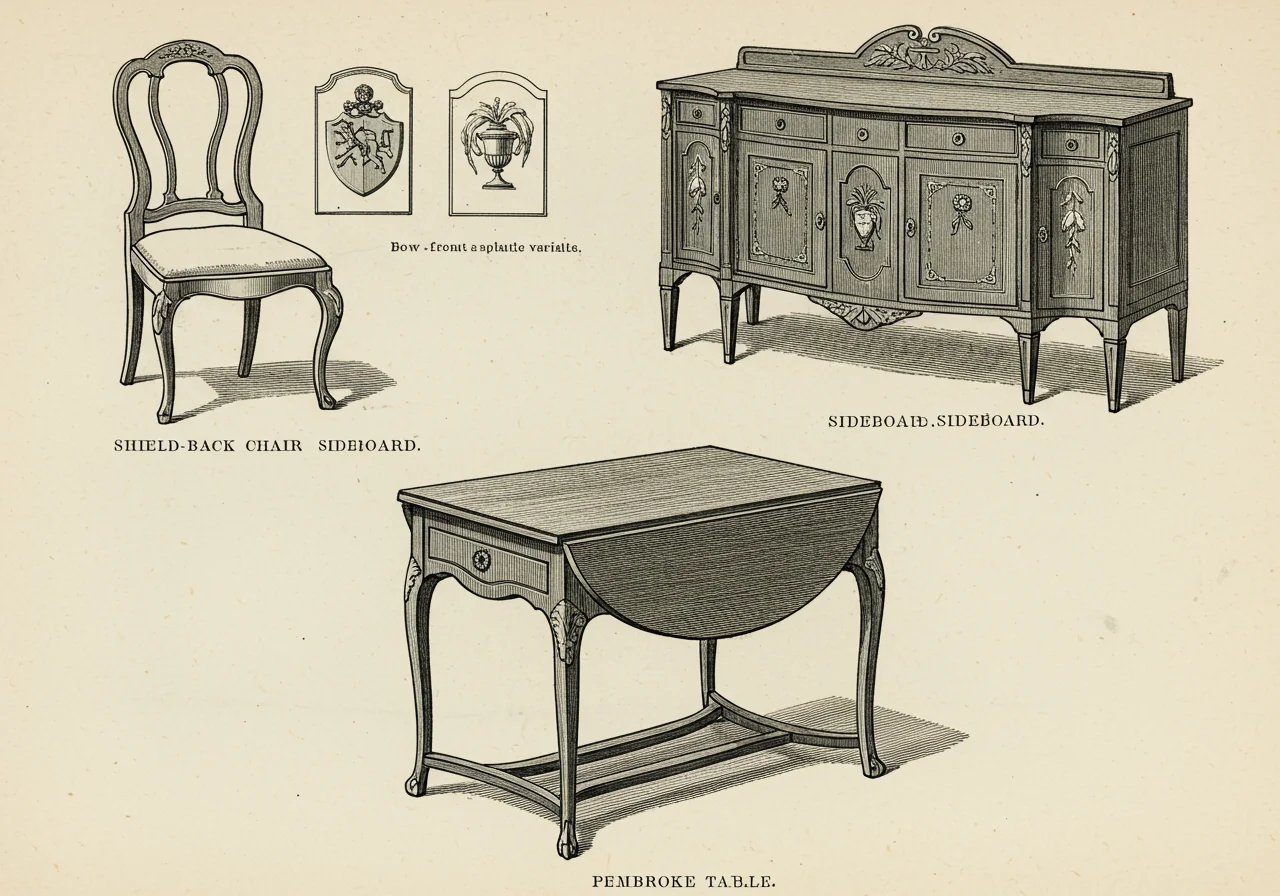 A page from the 1788 Hepplewhite Guide — engraved plates of shield-back chair, sideboard, secretary-bookcase