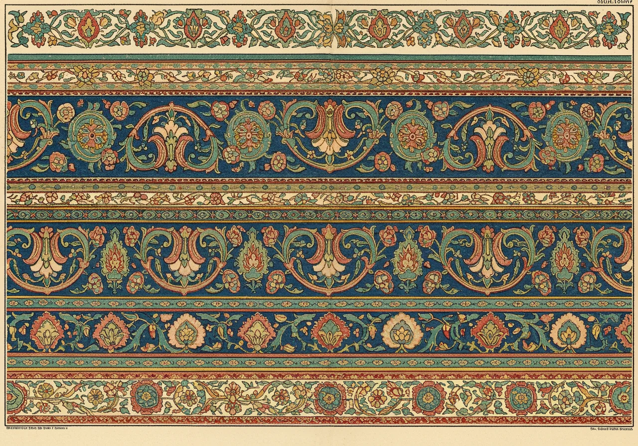 A close detail of a Hereke main border — fine palmette repeat in silk pile