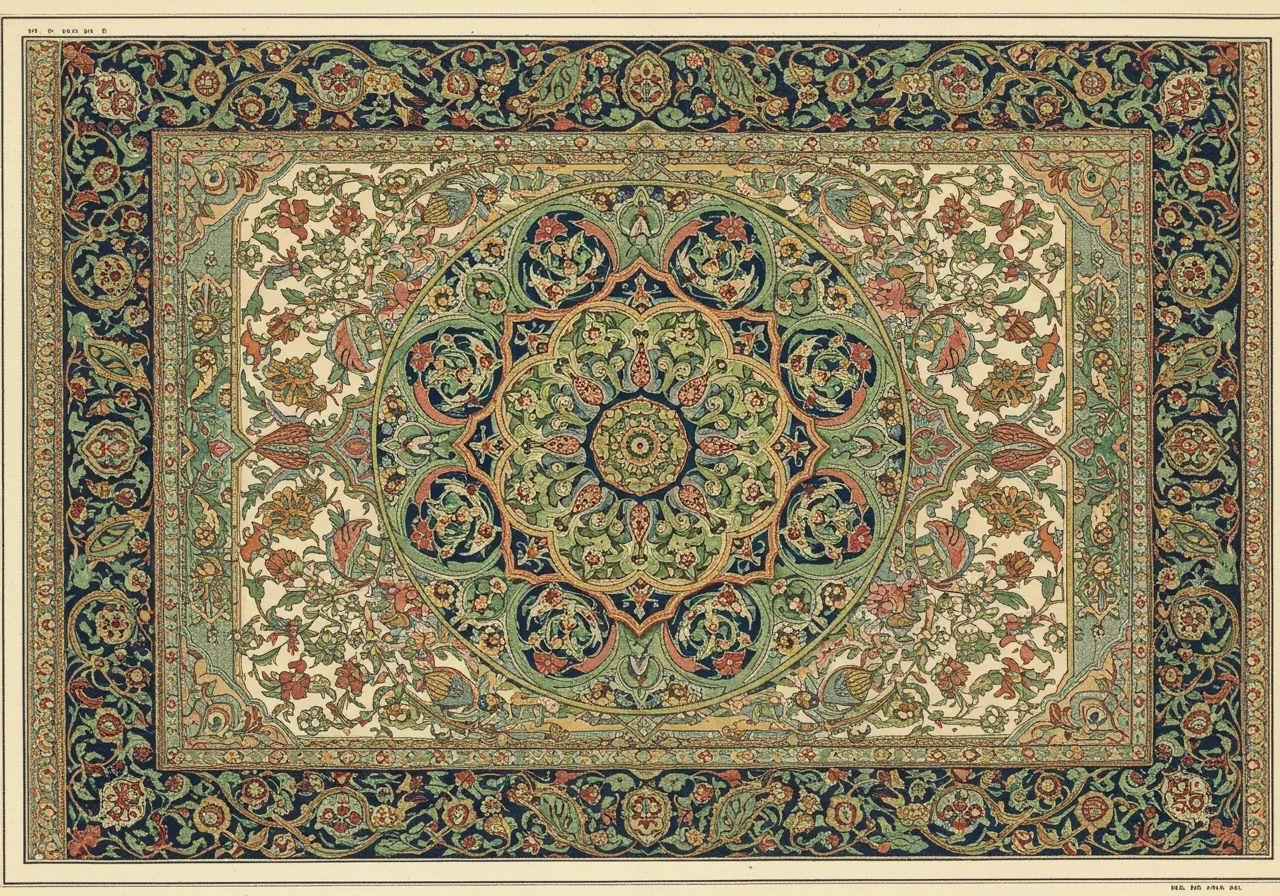 A close detail of a Hereke central medallion — fine court vocabulary in jewel-tone silk on ivory ground