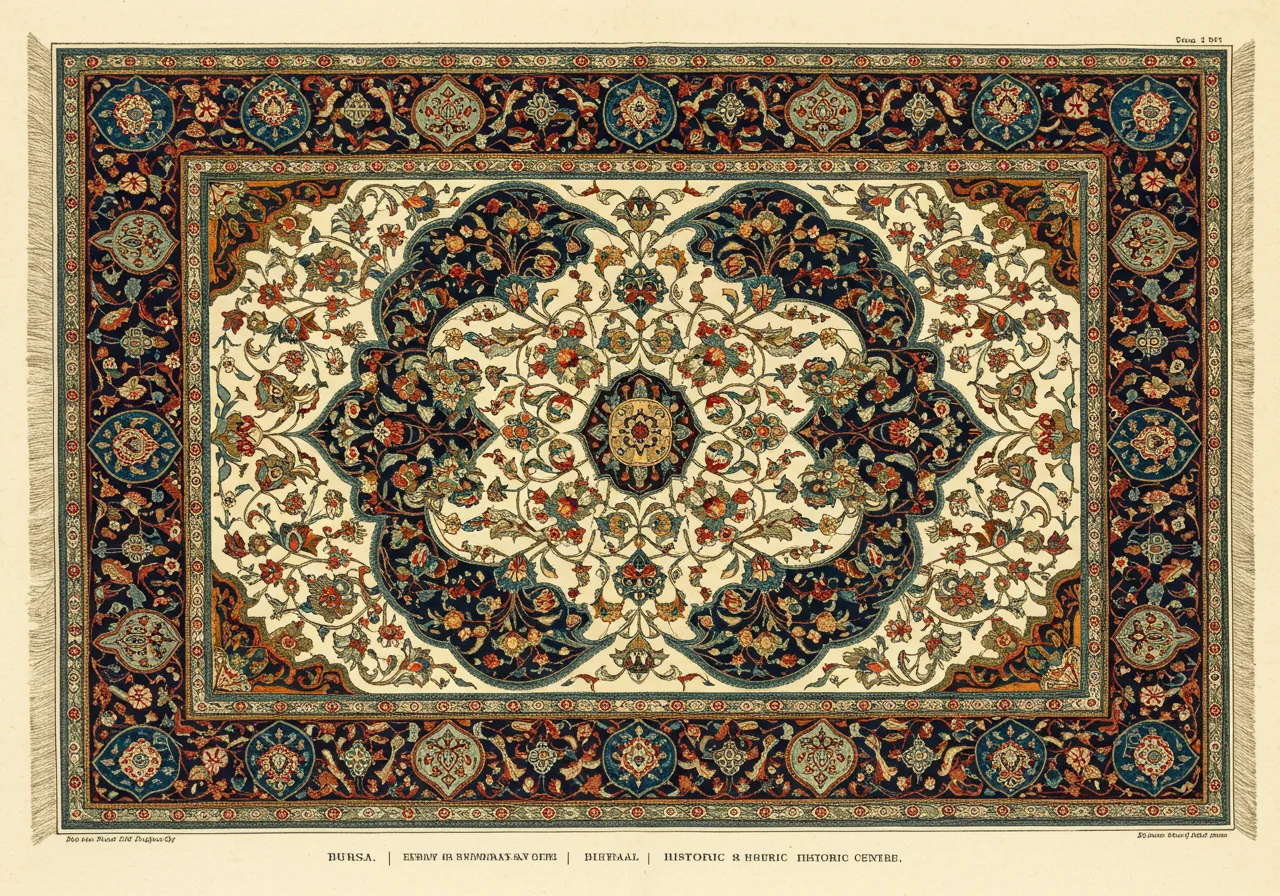 A Bursa silk rug — the older Ottoman silk centre, pre-Hereke tradition, related vocabulary