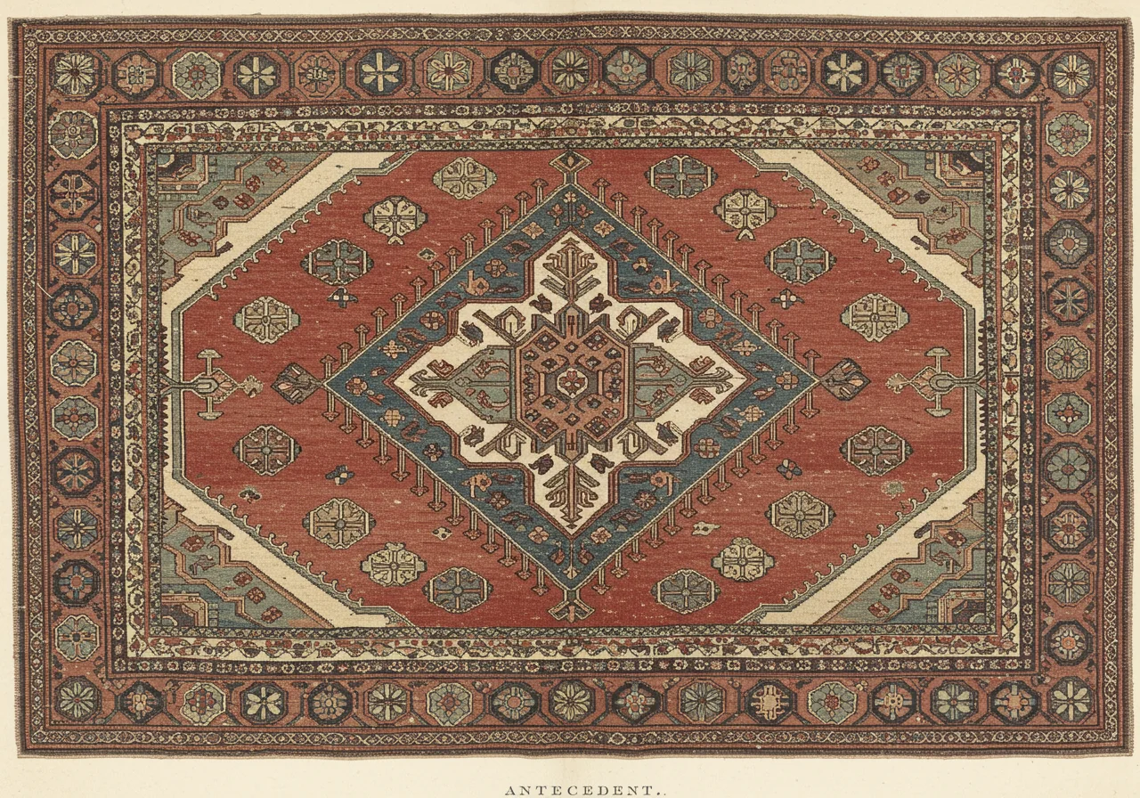 An antique Bakshaish village rug — softer madder-rose palette, looser drawing, more primitive geometric vocabulary than the standardised post-1890 Heriz format