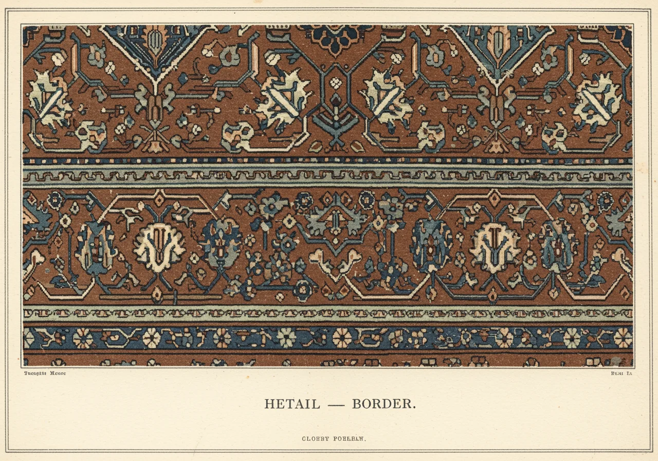 A section of Heriz main border — a stylised vine-and-palmette pattern in walnut-brown ground with narrow guard bands of contrasting tone above and below