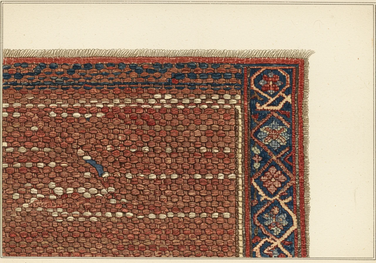 The back of a Heriz rug at magnification — symmetrical Turkish knots arranged in regular rows on a doubled cotton weft, with the field colours visible through the structure