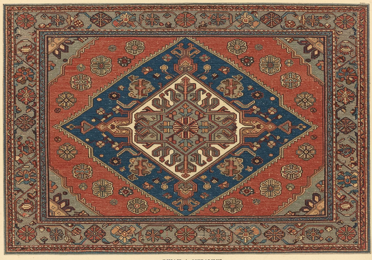 A close detail of a Heriz central medallion — stepped octagonal indigo shape on brick-red field, with smaller geometric palmettes filling the surrounding ground