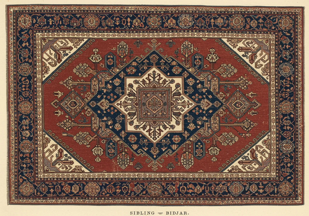 A Bidjar rug with a bold geometric medallion on a saturated dark-red field, multilayered medallion structure, and a wide indigo border with floral pattern