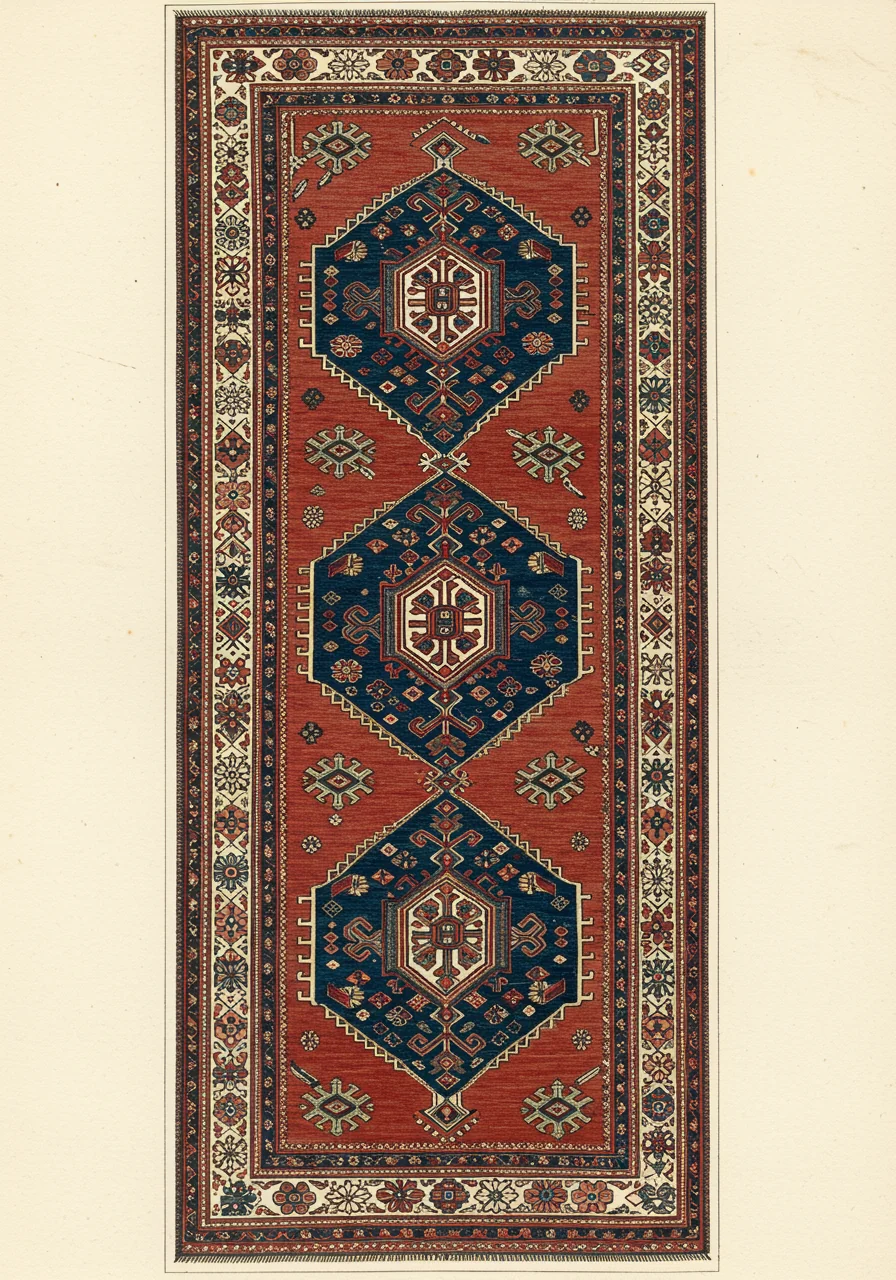 A Karaja runner — long narrow vertical format with three small geometric medallions stacked along the length, in indigo and ivory on a brick-red field