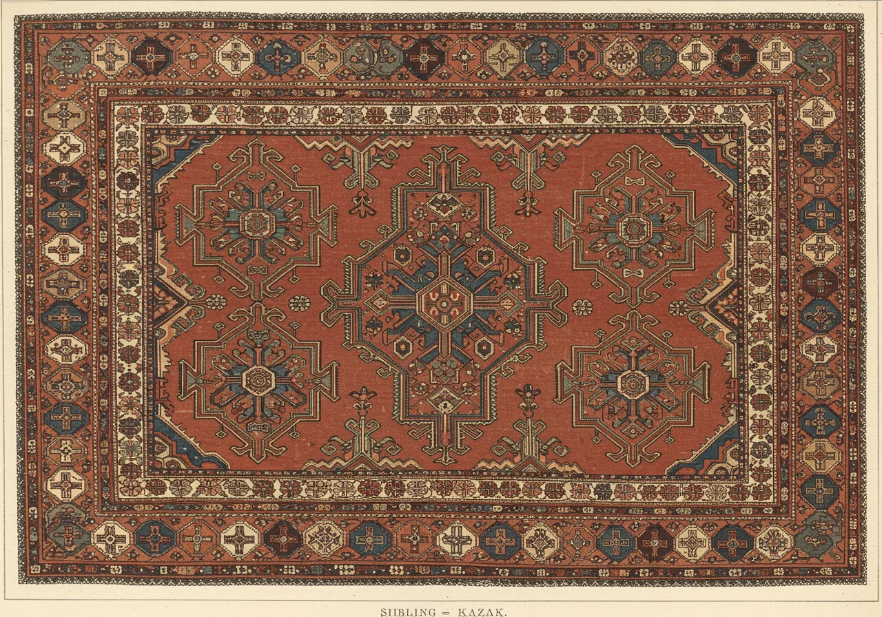 A Caucasian Kazak rug with three large primitive medallions stacked vertically on a saturated red field, latch-hook borders, and the smaller more square format characteristic of the Caucasus