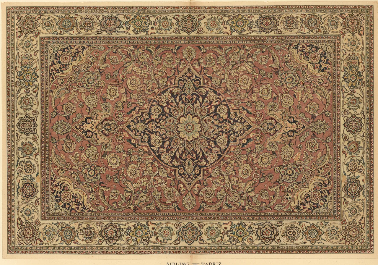 A Tabriz rug with a curvilinear central medallion in stepped-petal shape, surrounded by densely-drawn curvilinear floral on a rose-red field, and a wide curvilinear border