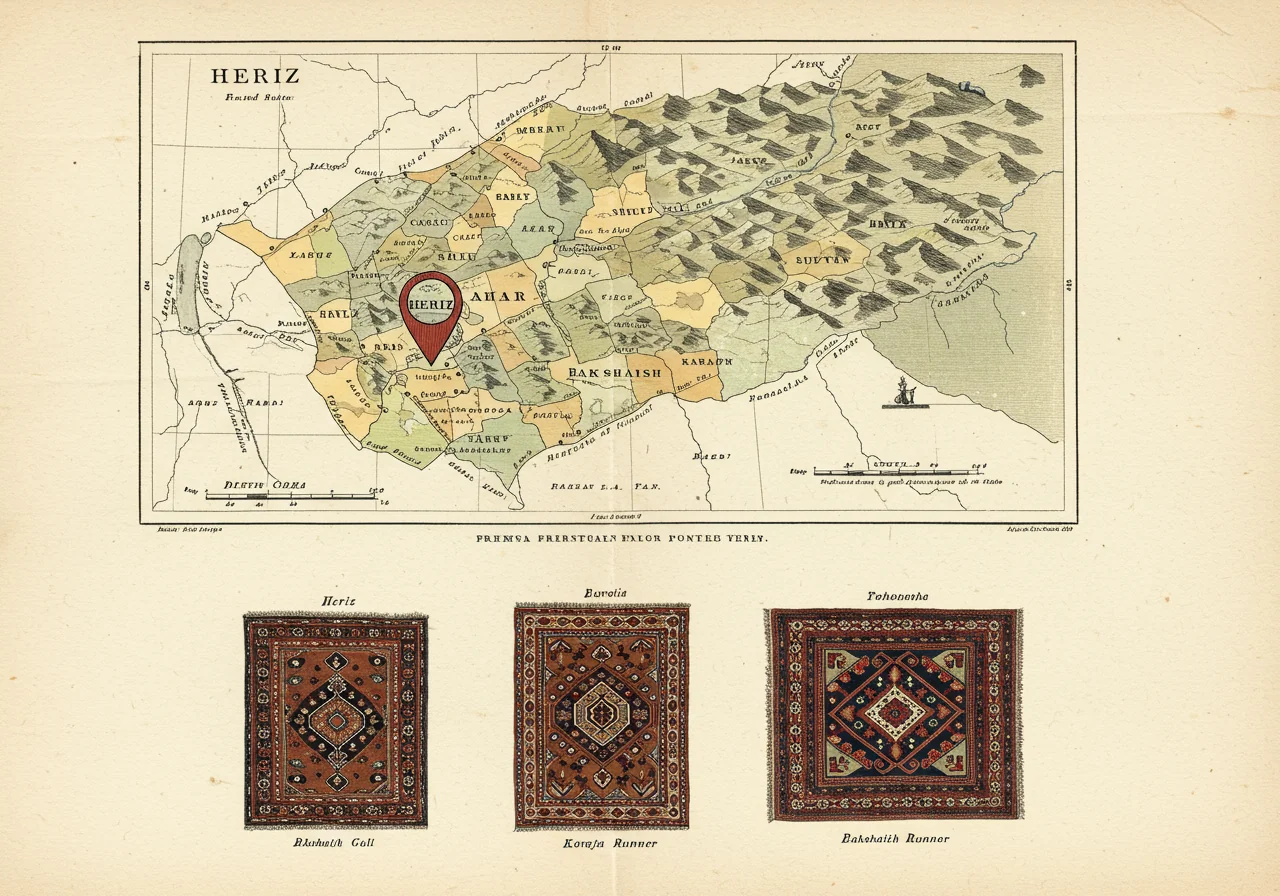 A page from a Victorian connoisseur's portfolio on the Heriz district — district map locating the principal weaving villages on the slope east of Tabriz, with three small archetype rug drawings at the bottom showing the principal sub-type designs