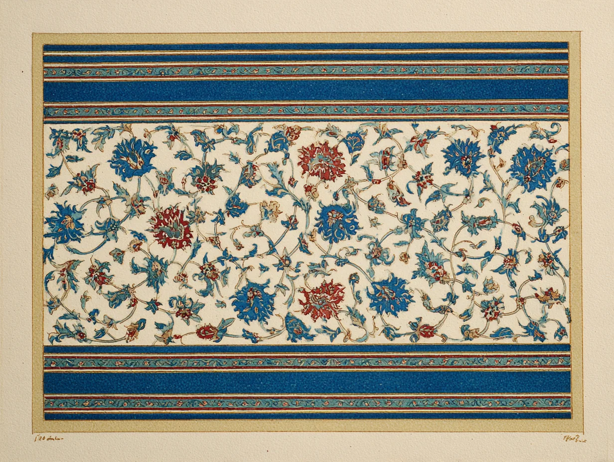 A close detail of an Isfahan main border — fine palmette repeat in silk-warp court tradition