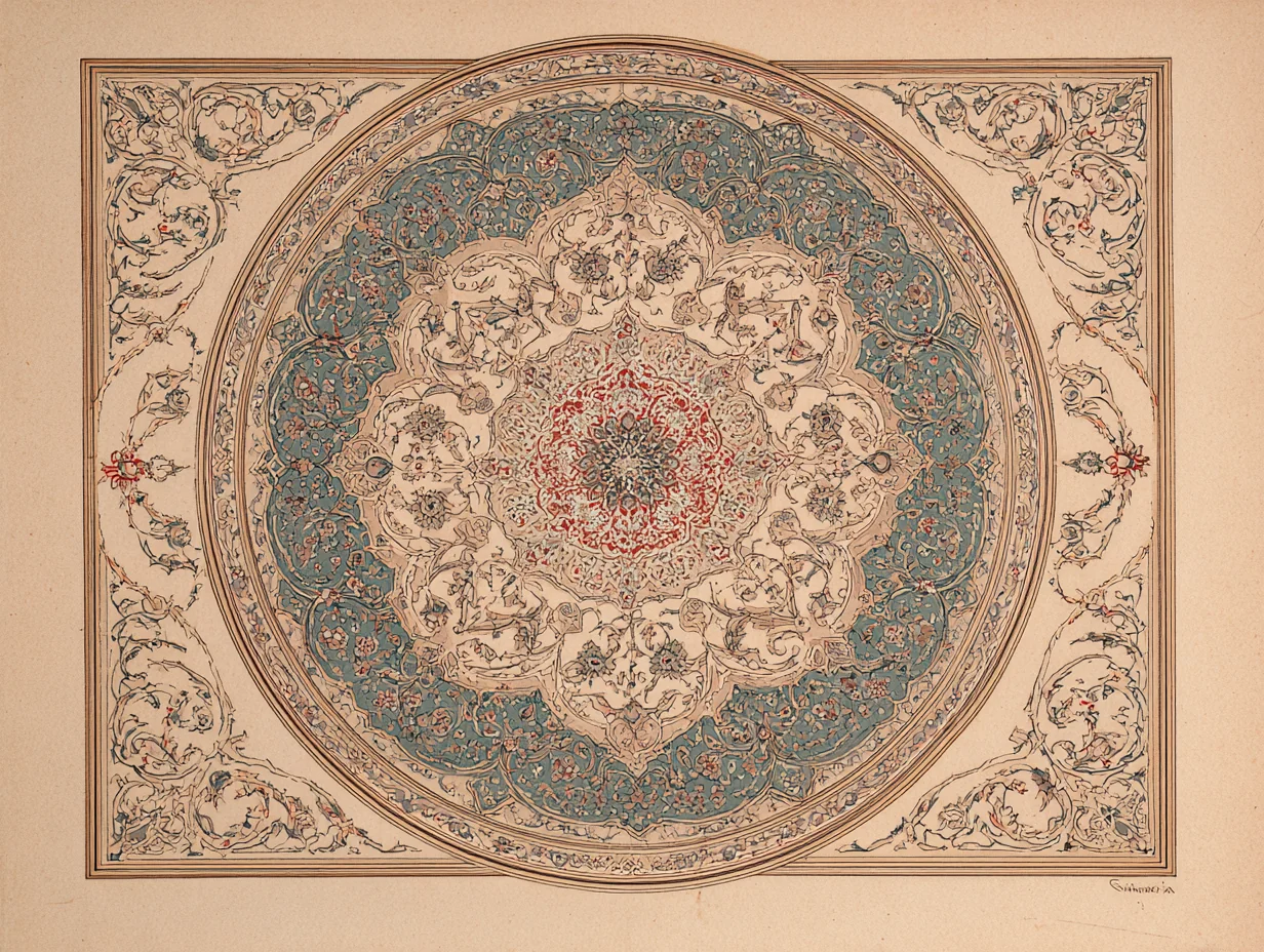 A close detail of an Isfahan central medallion — fine Safavid-derived vocabulary on ivory ground, silk warp visible at edges