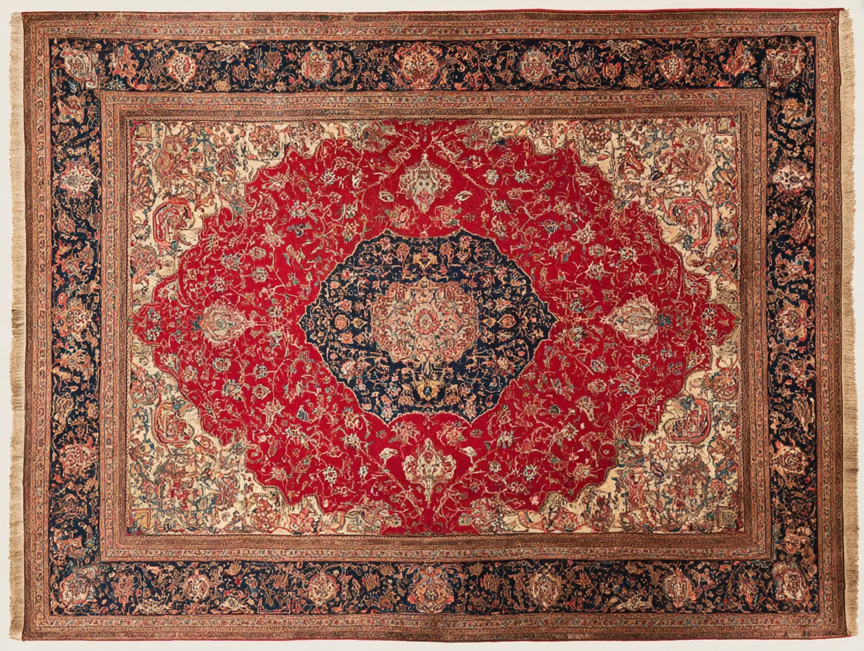 A Kashan rug — central Persian court neighbour, deep wine-red ground rather than pale ivory, similar vocabulary, often cotton warp