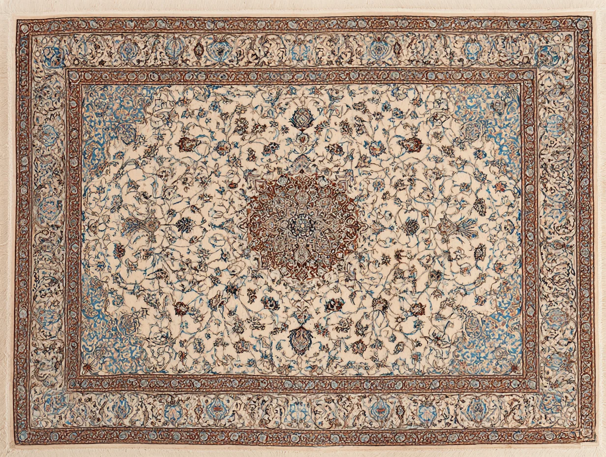 A Nain rug — 20th-c workshop tradition descended from Isfahan, pale ivory or pale blue ground, silk highlights, distinct grading by knot count