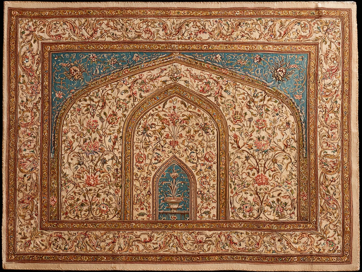 A Qum silk rug — 20th-c workshop tradition with all-silk pile, prayer-rug format, distinct from Isfahan's room-size wool