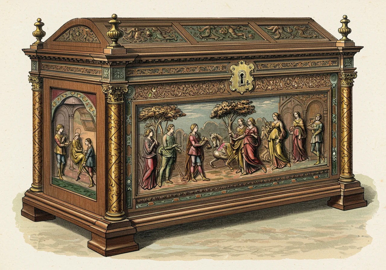 A 16th-c Italian Renaissance cassone — the predecessor with rectangular relief-carved panels in walnut, often gessoed-and-painted with mythological scenes; the antecedent the Italian Baroque elaborated into the room-scale stipo