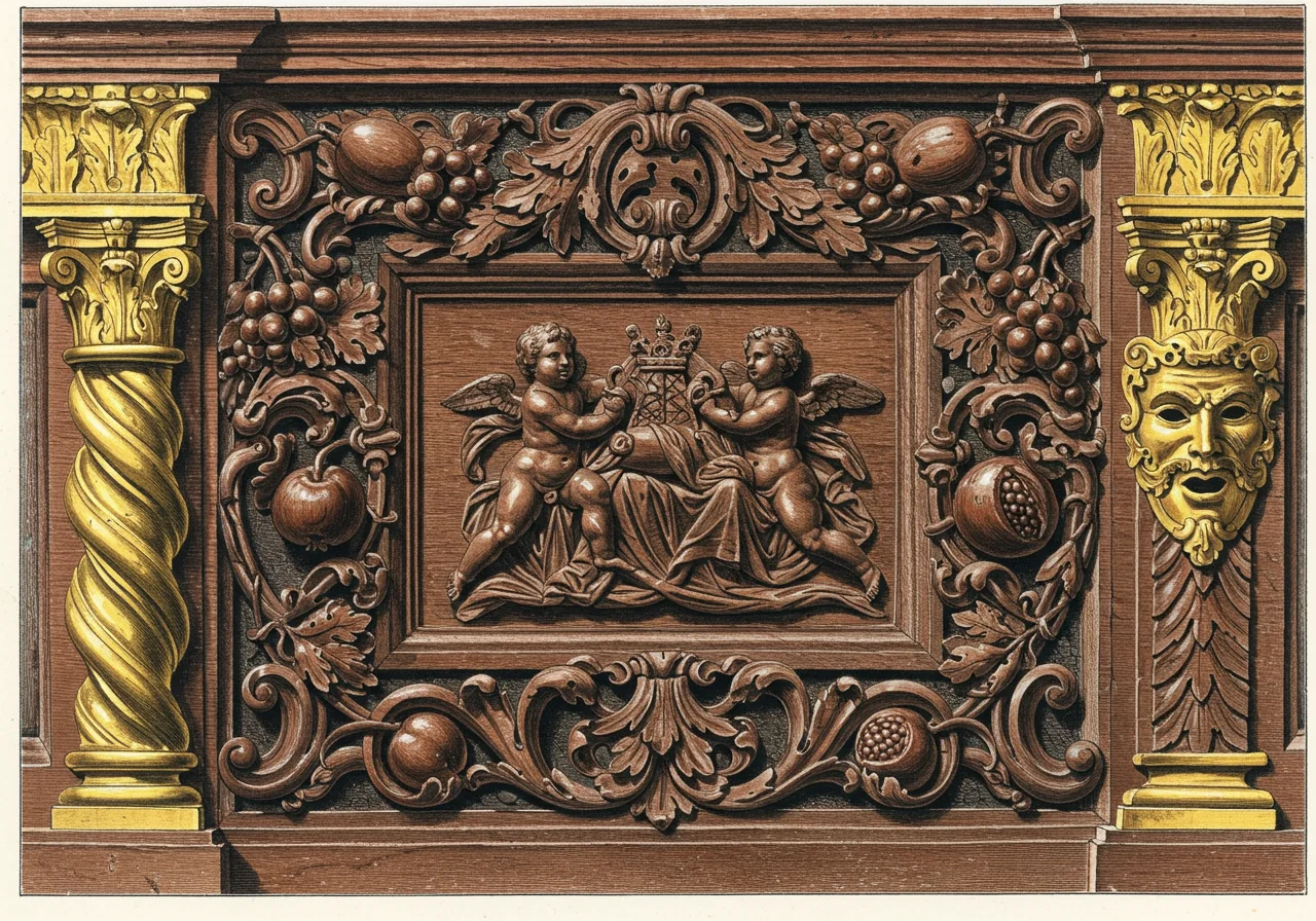 A close detail of Italian Baroque deep-relief walnut carving — mythological figures, swags, and Solomonic-column elements in the dark Italian walnut of the period