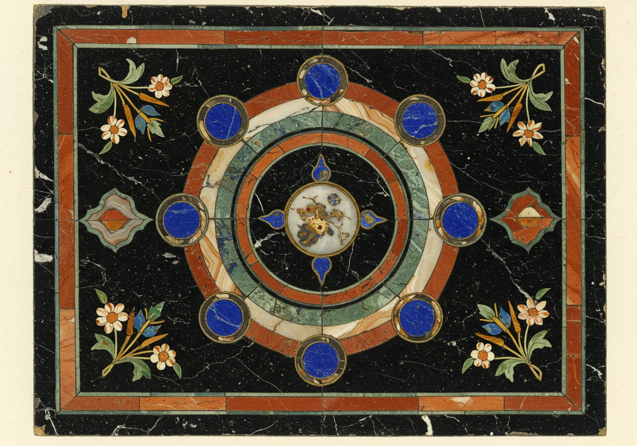 A close detail of a Florentine pietra-dura cabinet top — inlaid coloured marbles and hardstones in geometric or floral arrangement, the Opificio delle Pietre Dure workshop signature