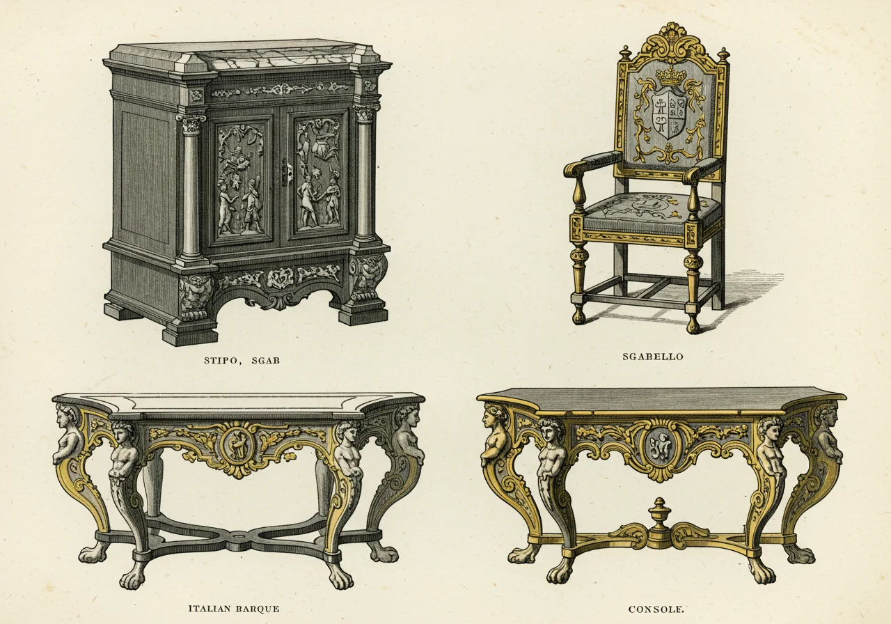 A page from a Bolognese cabinet-maker's reference plate — perspective drawings of Italian Baroque stipo, sgabello, and console table in the seventeenth-century workshop register