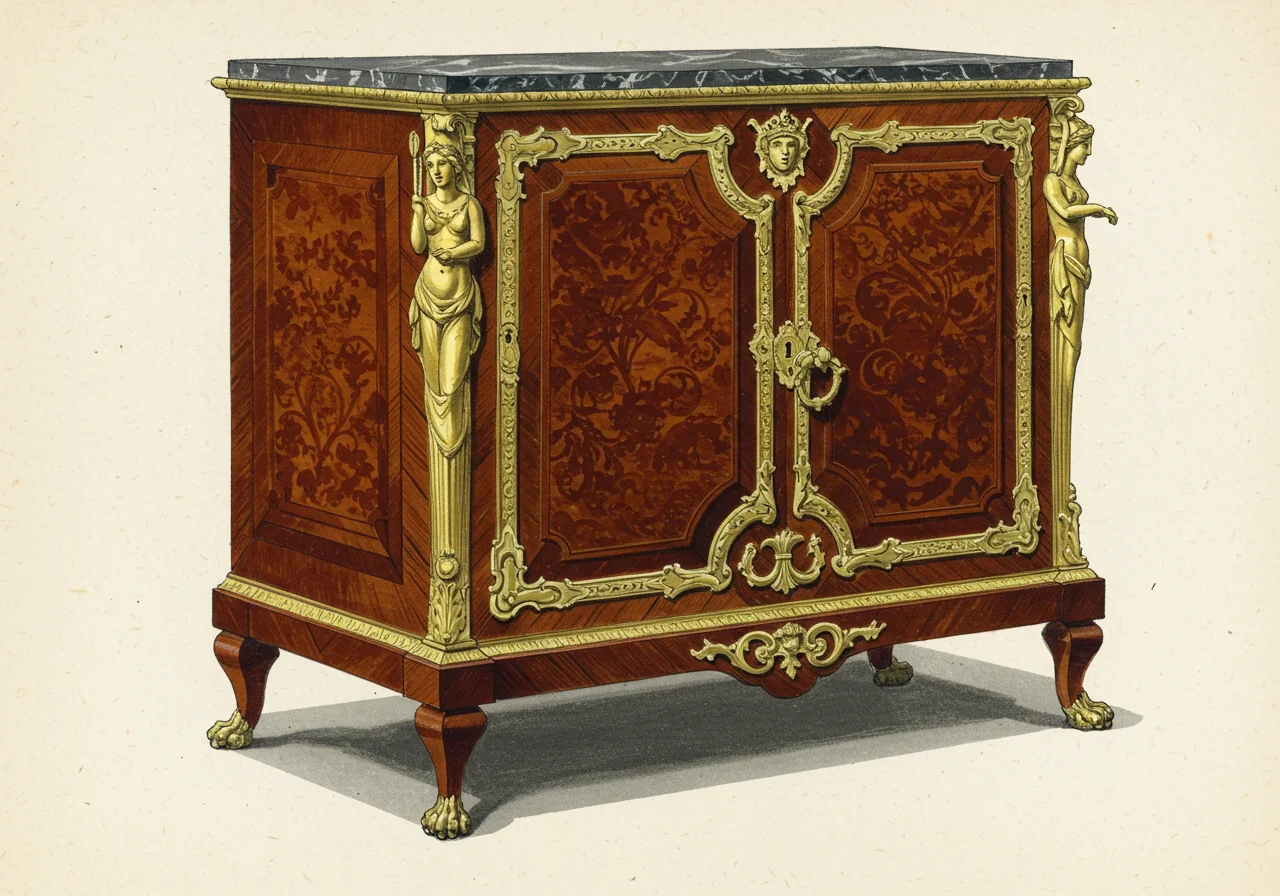 A French Louis XIV cabinet — heavier royal-court sibling with Boulle tortoiseshell-and-brass marquetry and cast gilt-bronze ormolu, rather than carved walnut with gilded carved-wood ornament
