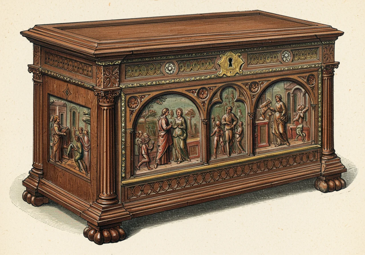 A 16th-c Italian Renaissance cassone — the antecedent style with rectangular relief-carved panels in walnut, gessoed-and-painted mythological scenes, lower-relief carving and simpler proportions than the Baroque