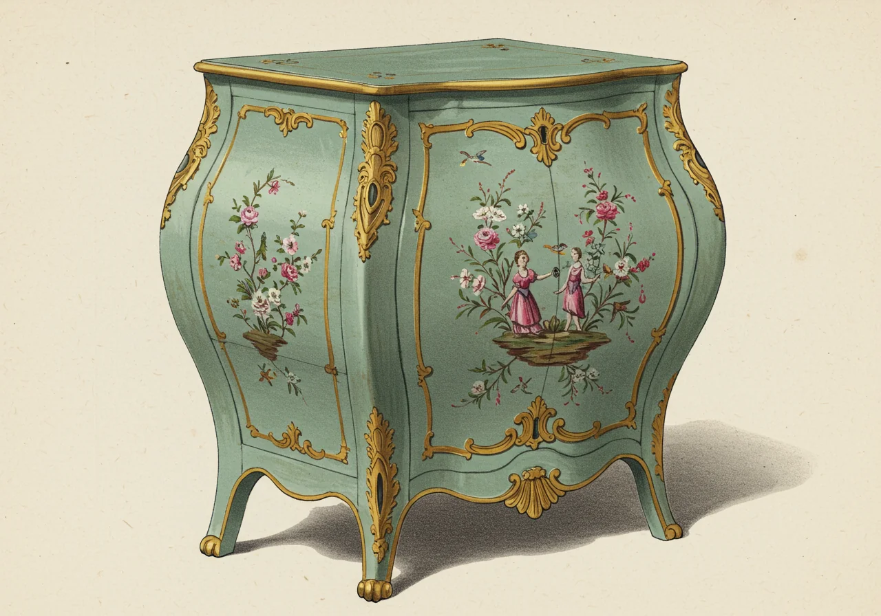 An Italian Rococo Venetian piece — the 18th-c descendant with painted lacquer (red, green, blue) and carved giltwood ornament rather than dark carved walnut
