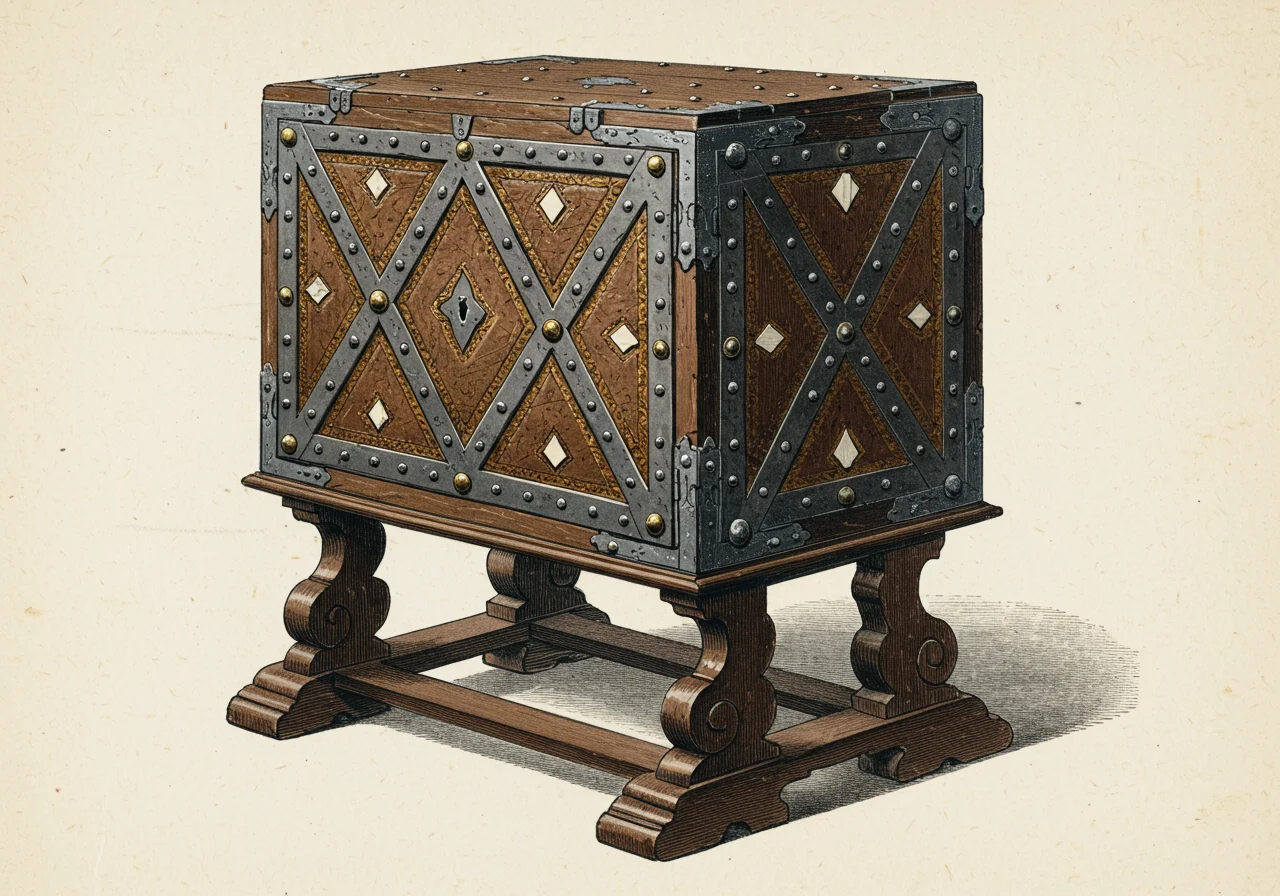 A Spanish Baroque cabinet — Iberian sibling with iron studs, leather, and bone inlay; dark walnut but with iron-and-leather ornamental vocabulary rather than carved gilt and pietra-dura