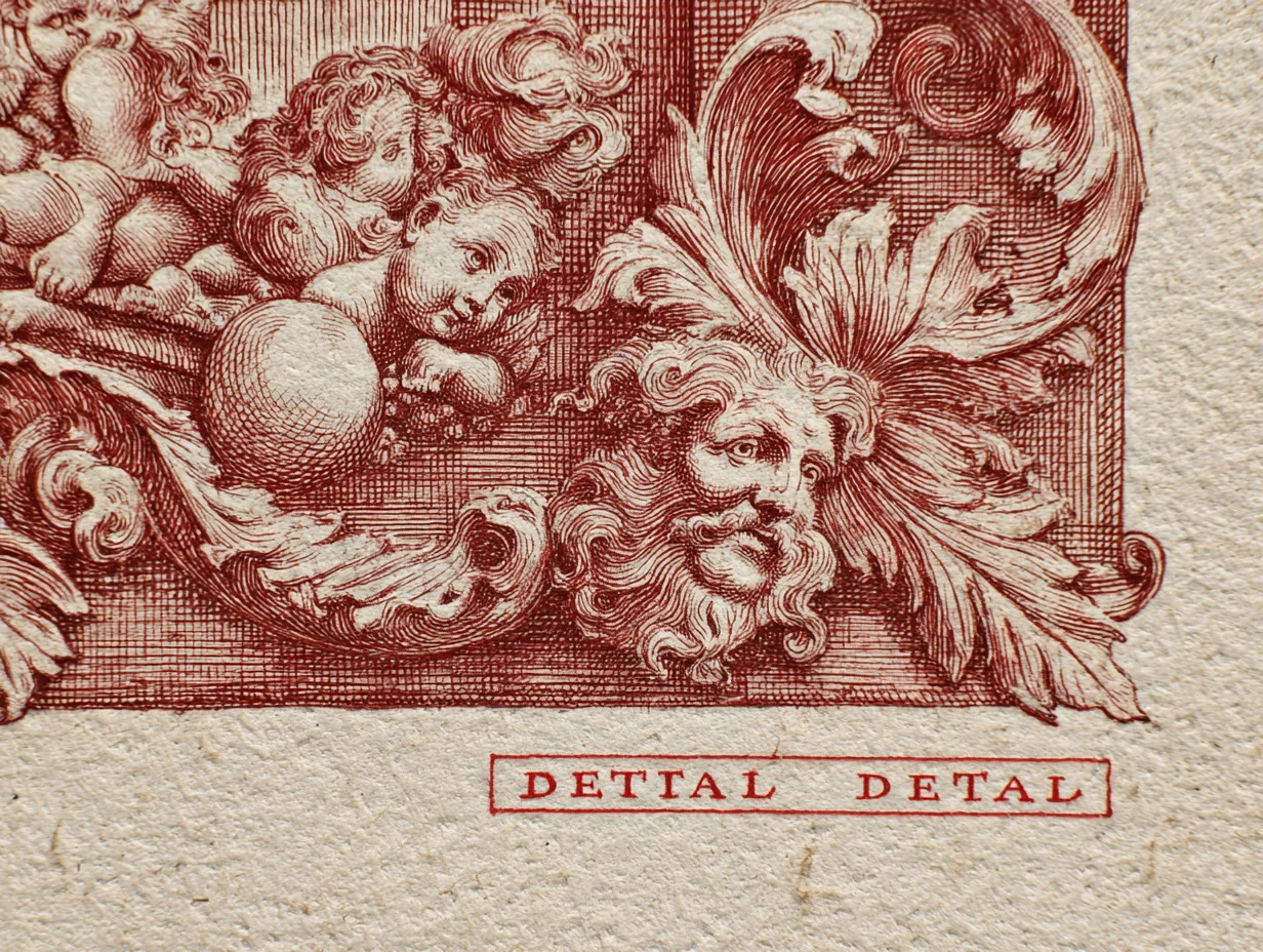 A close detail of Italian Renaissance walnut relief carving — classical putti, acanthus, architectural ornament