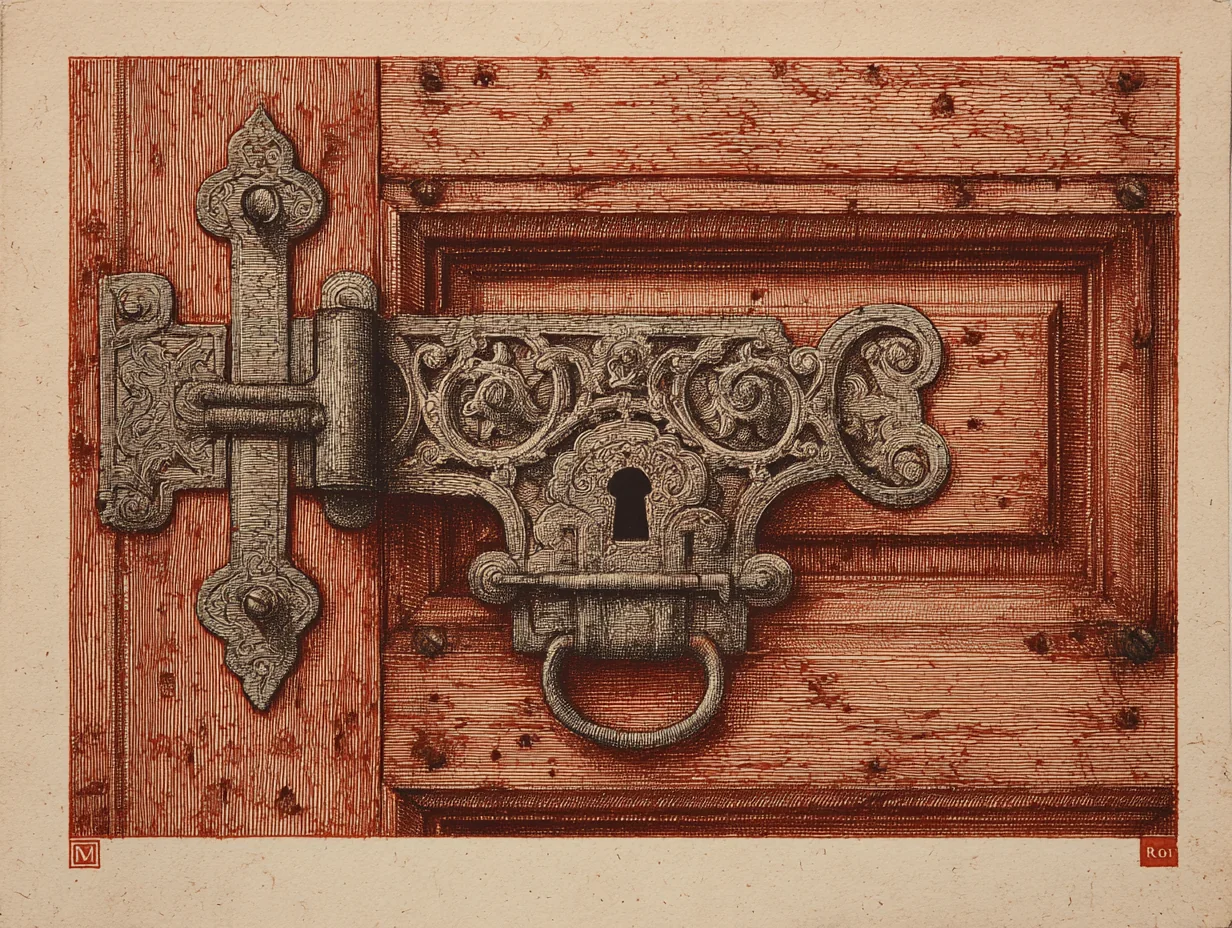 A close detail of Italian Renaissance iron lockwork and corner-mounts on a cassone