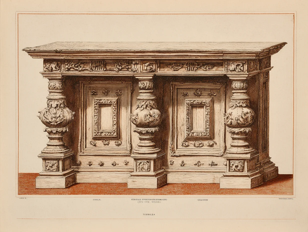 An English Tudor / Elizabethan piece — heavy oak with carved relief, the English sibling to the Italian Renaissance