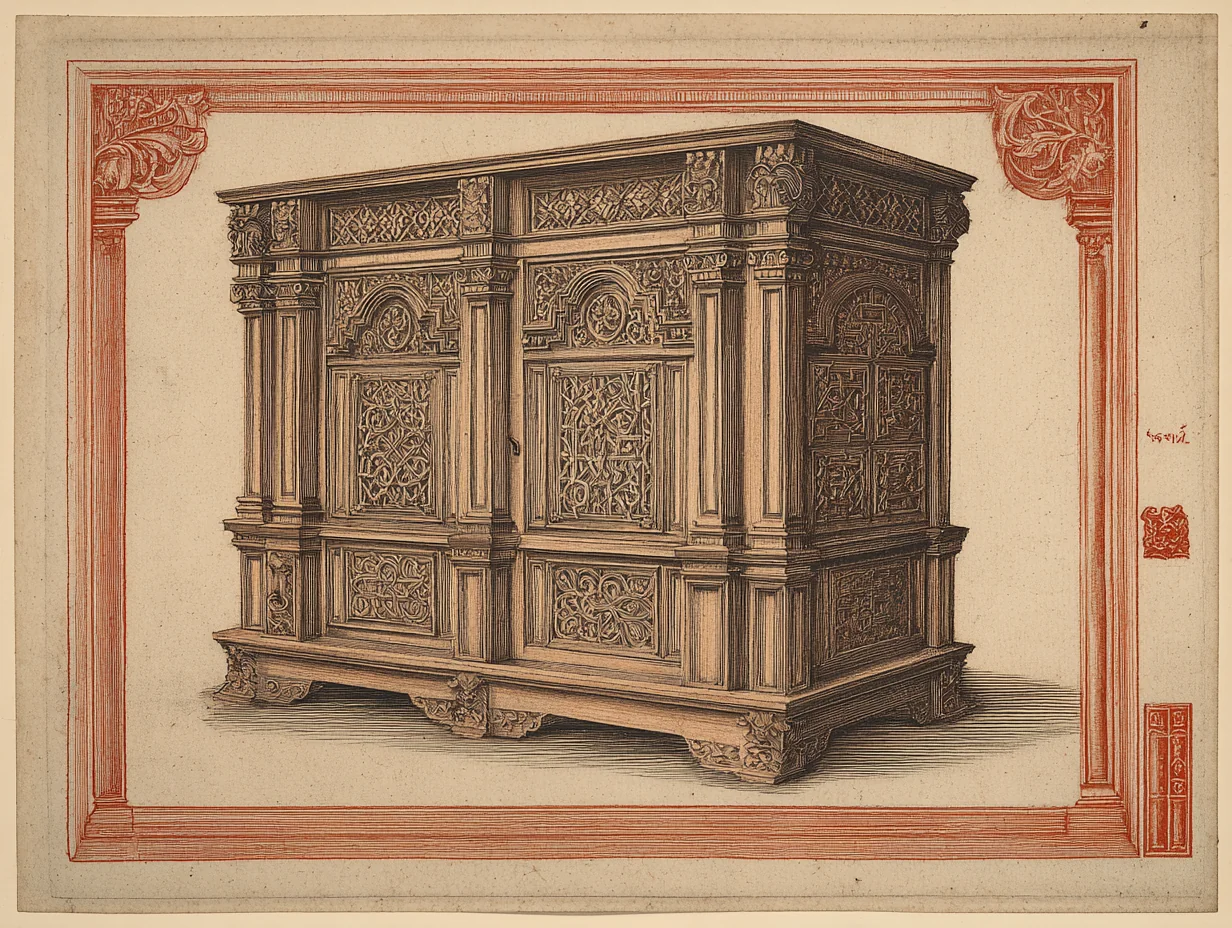 A German Renaissance cabinet — Northern Renaissance with heavier oak and Gothic-survival vocabulary