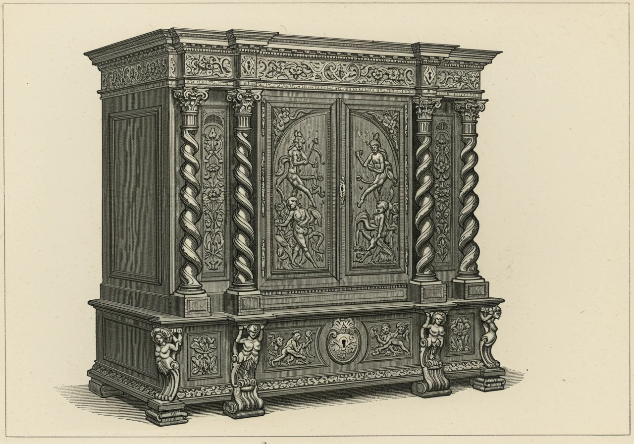 A 17th-c Italian Baroque cabinet — the carved-walnut antecedent the Venetian Rococo translated into painted-lacquer surface
