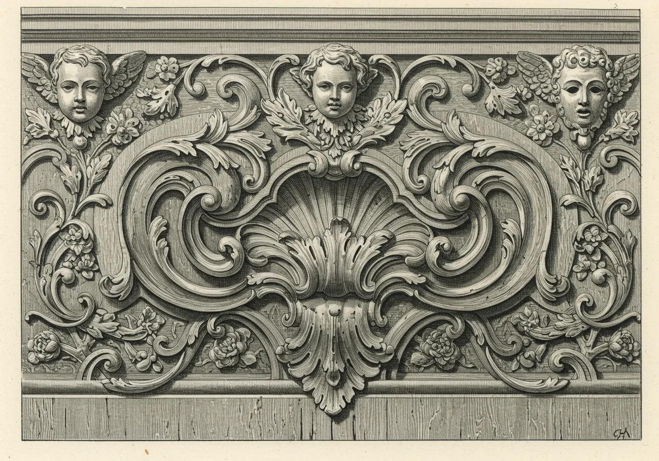 A close detail of Venetian carved giltwood structural element — scrollwork, putto, mascaron