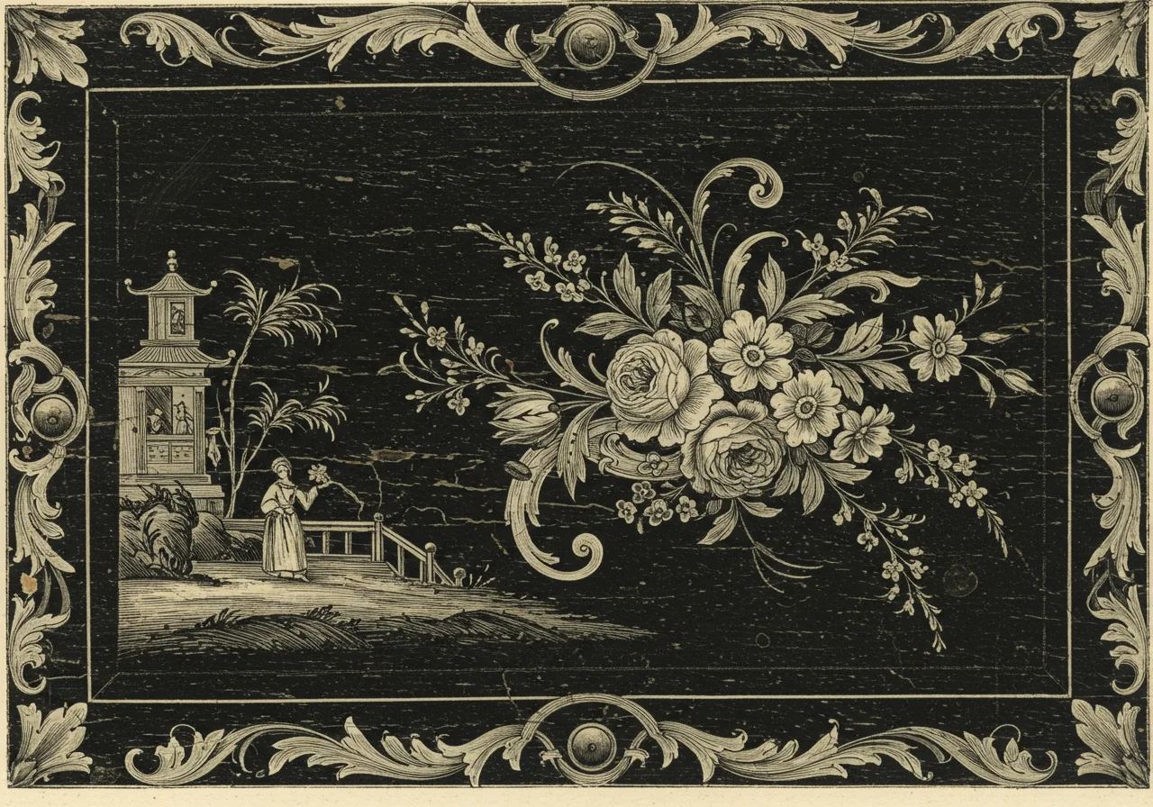A close detail of Venetian lacquer surface — saturated colored ground with painted floral or chinoiserie ornament