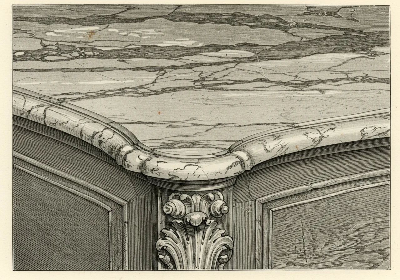 A close detail of a Venetian Rococo marble top — colored marble in the rococo serpentine outline