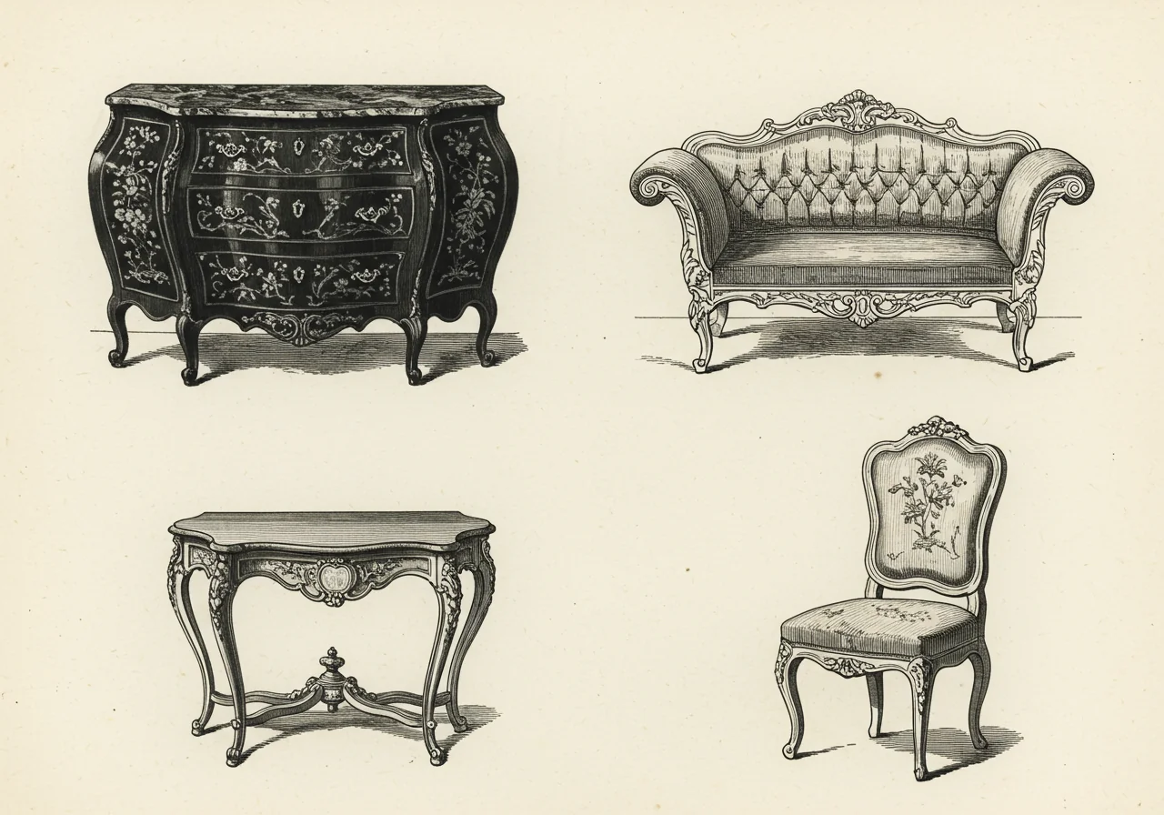 A page from a Venetian cabinet-maker's pattern book — lacquered commode, sofa, console, chair in the rococo register