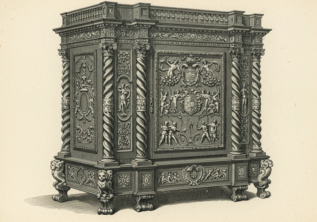 An Italian Baroque cabinet — dark walnut + heavy gilt, the 17th-c antecedent