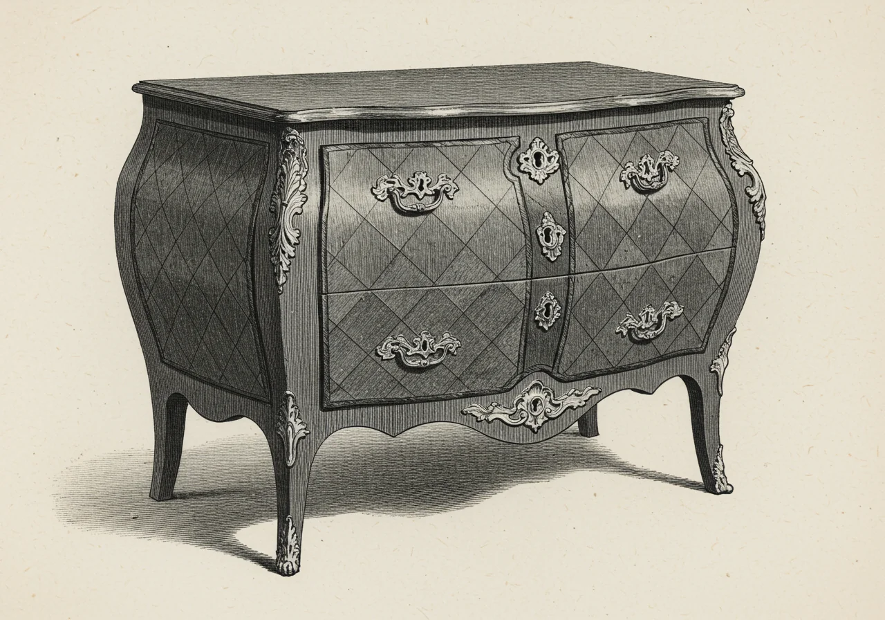 A Louis XV French commode — French rococo with bombé case, exotic veneer, ormolu