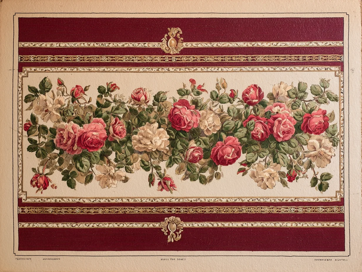 A close detail of a Karabagh main border — French-rose-and-laurel European repeat