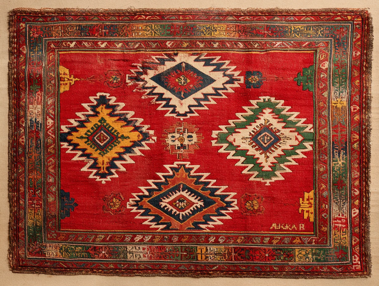 A Caucasian Kazak rug — the tribal-plateau southern Caucasian neighbour with saturated tomato-red ground and bold geometric medallions, distinct from mountainous Karabagh