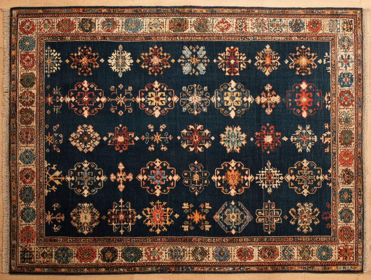 A Shirvan rug — eastern Caucasian tradition with dark navy ground and small-scale repeat compositions