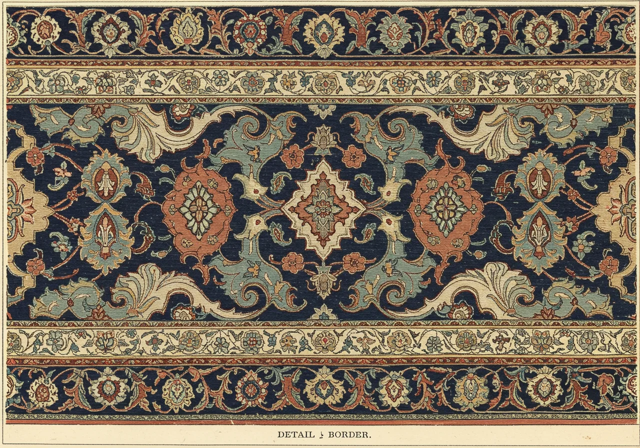 A close detail of a Kashan main border — fine palmette-and-cloud-band court vocabulary on indigo ground